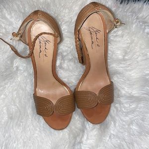 Beautiful Carmel colored wedge platform, 5-inch sandals, by Badgley Mischka.